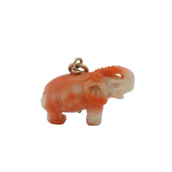 Vintage 14kt Yellow Gold and Pink and White Coral Carved Detailed Elephant Pendant