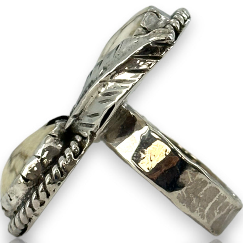 Handmade 925 Sterling Silver and Natural Howlite 2-Stone Full Finger Ring with Leaf Motifs and Hammered Band Size 7.5