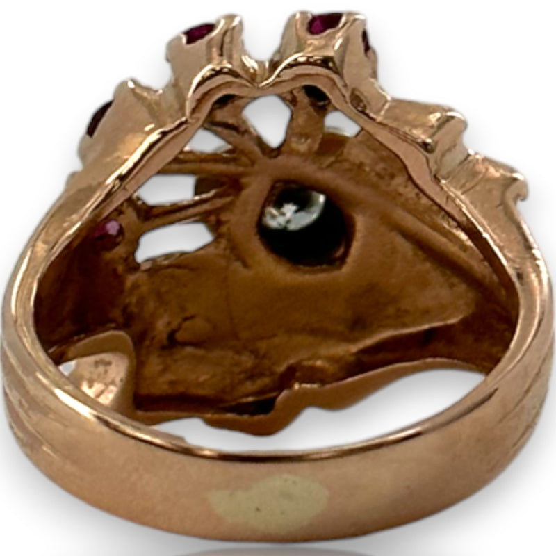 Vintage Retro 1940s Solid 14kt Rose Gold Cocktail Ring with Heart-Set Diamond and Accent Rubies Size 5.25