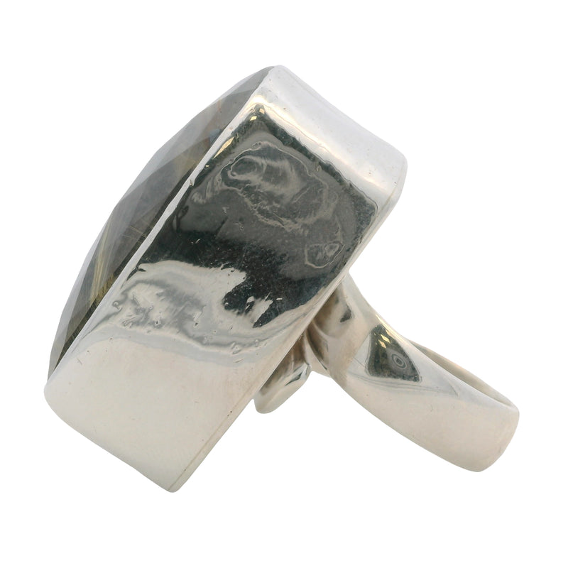 Charles Albert 925 Sterling Silver Large Check-Cut Rutilated Quartz Statement Ring Size 7