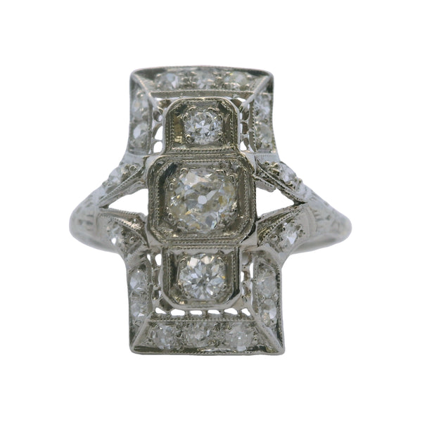 Antique 1920s Platinum and Old Mine and Old European Diamond Filigree Dinner Ring Size 8