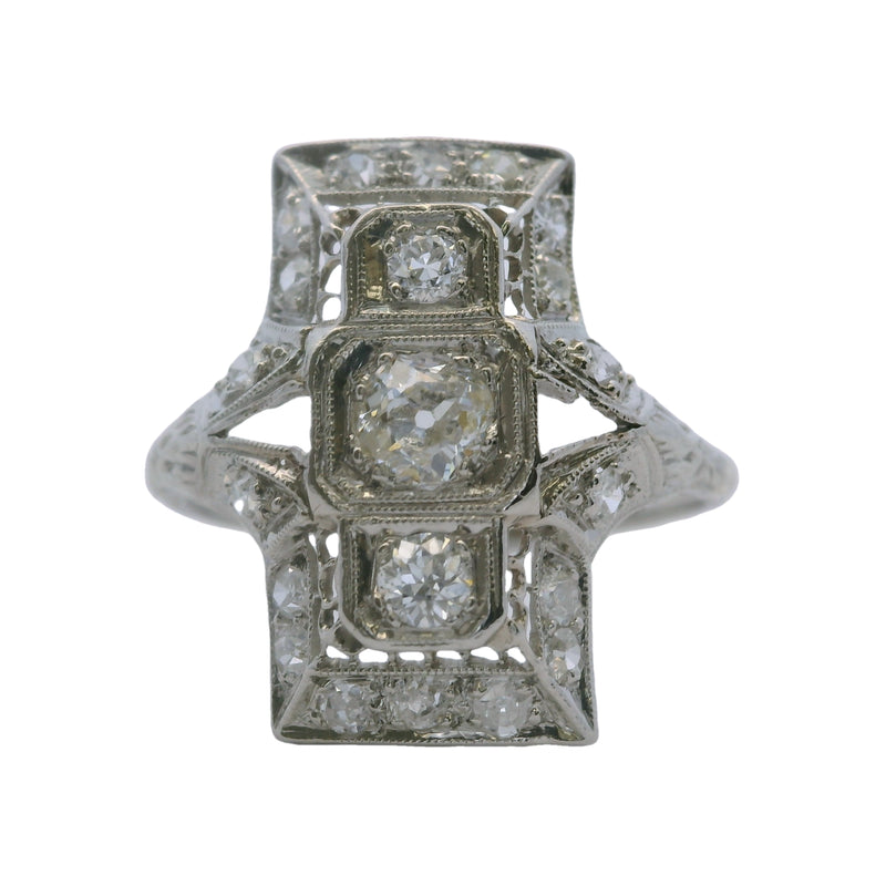 Antique 1920s Platinum and Old Mine and Old European Diamond Filigree Dinner Ring Size 8