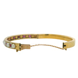 Antique Victorian Solid 18kt Yellow Gold Hinged 6.5" Bangle with Pearls, Rubies, and Diamonds
