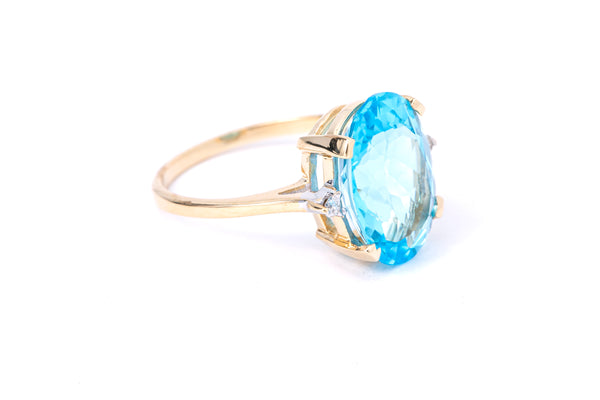 Vintage Blue Topaz & Diamond Accent Cocktail Band 14K 585 Yellow Gold Ring Size 6 3/4