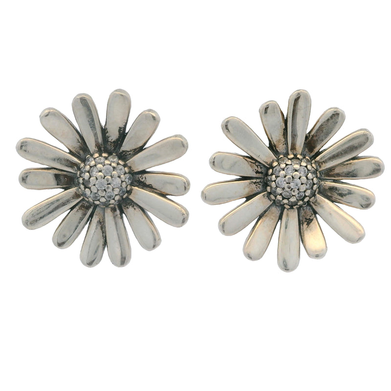 Pandora 925 Sterling Silver Pave CZ Cubic Zirconia Daisy Statement 16mm Wide Stud Earrings