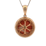 Solid 14kt Rose Gold 16mm Round Coral Pendant with Diamond Halo on 20" Thin Box Chain