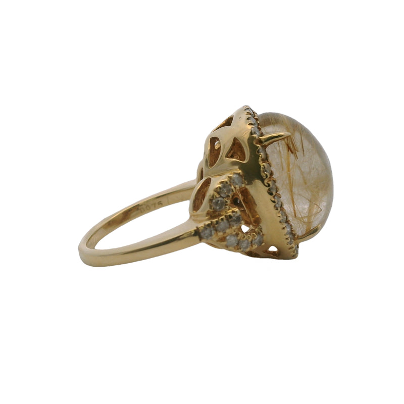 14kt Yellow Gold Cabochon Rutilated Quartz and Diamond Halo Statement Ring Size 7