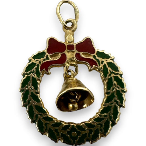 Vintage Enamel Christmas Holiday Wreath Charm Ringing Bell Pendant Solid 14kt Yellow Gold