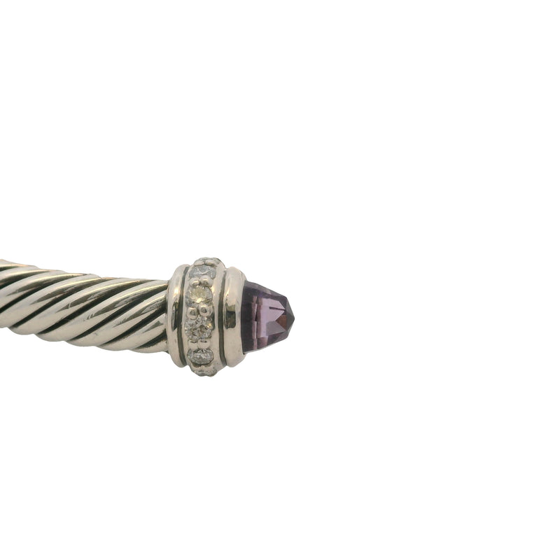 David Yurman 925 Sterling Classic 4mm Cable Bracelet with Amethyst and Diamonds Size M 6.5