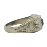 Antique 1920-30s Solid 14kt White Gold Lab Ruby and Old Mine Cut Diamond 3-Stone Ring Size 7.5