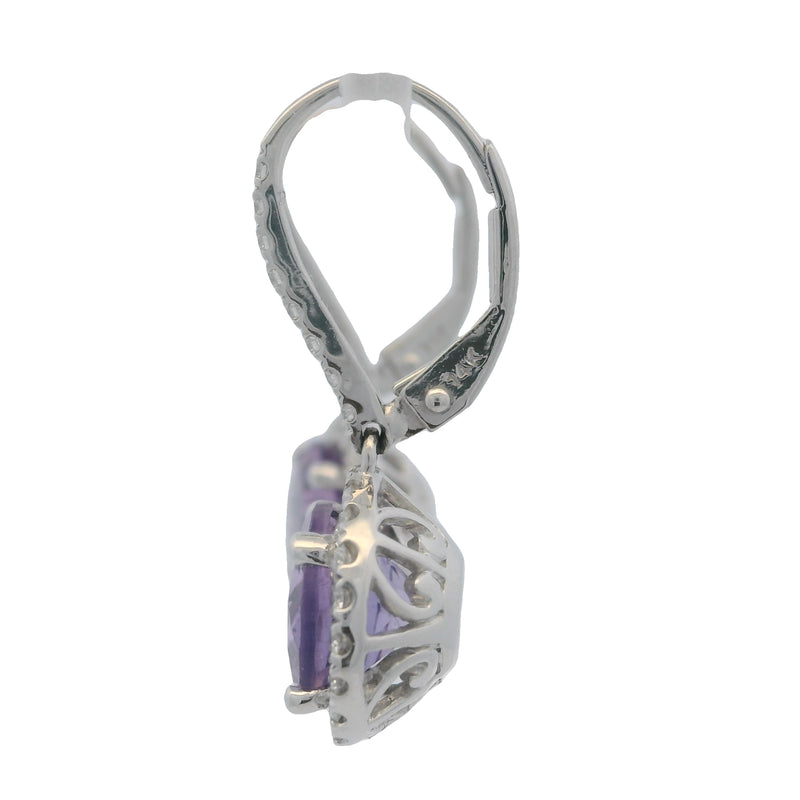 SNJ Jewelry Solid 14kt White Gold and Amethyst Drop Earrings with Diamond Halos and Accents