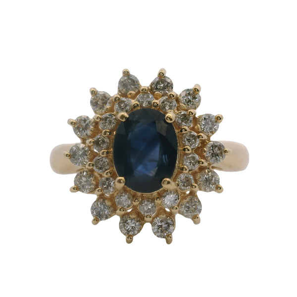 EFFY Bita Collection 14kt Yellow Gold 1ct Oval Sapphire Ring With Double Diamond Halo Size 9.75