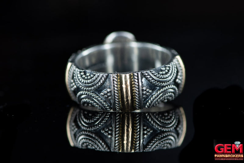 Suarti Indonesia Bali Solid 925 Sterling Silver & 18K 750 Yellow gold Accents Ring Size 7 3/4