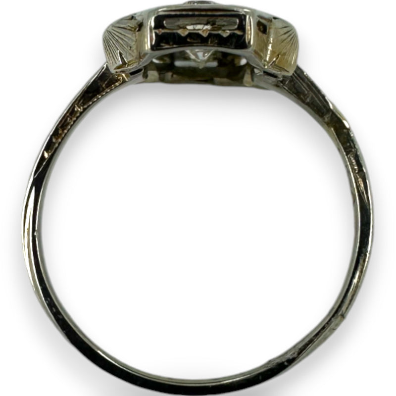 Antique 1910-20s Early Art Deco 18kt White Gold, Natural Old Mine Diamond, and Lab Sapphire Dinner Ring with Openwork Milgrain Detail Size 6.5