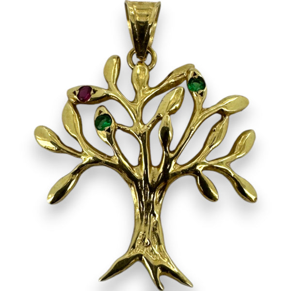 Solid 14kt Yellow Gold Family Tree/Tree of Life Necklace Pendant with One Lab Ruby and 2 Lab Emeralds