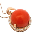 Solid 14kt Rose Gold 16mm Round Coral Pendant with Diamond Halo on 20" Thin Box Chain