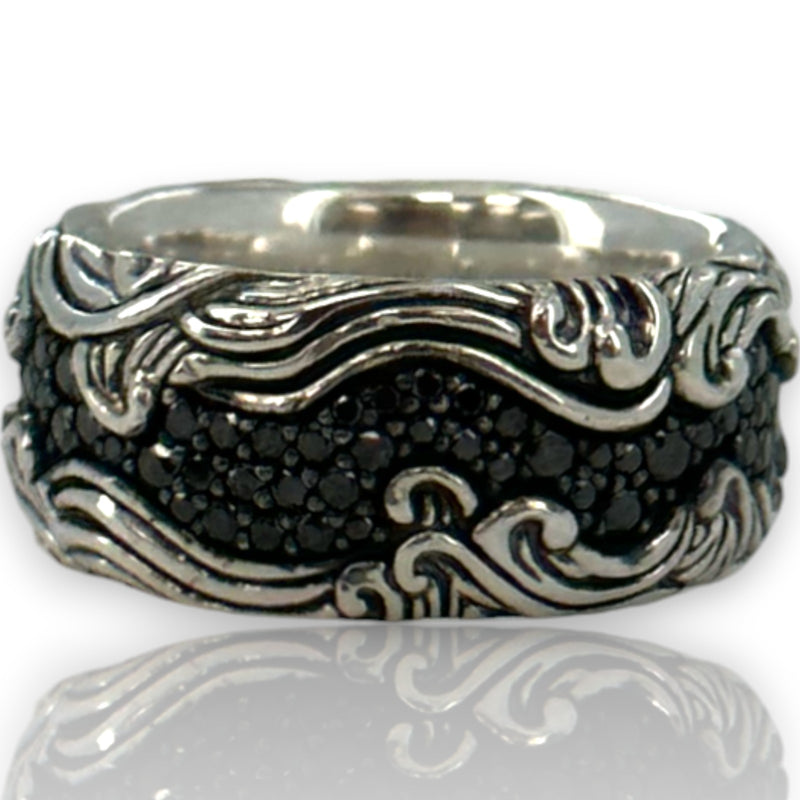 David Yurman DY Waves Collection 925 Sterling Silver Men's Ring with 0.97ctw Pave Black Diamonds Wedding Engagement 9.6mm Band Size 7