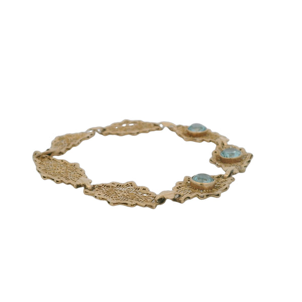 Late Art Deco 1930s 14kt Yellow Gold Filigree Openwork Geometric Link 7.4" Bracelet with 3 Natural Blue Zircons