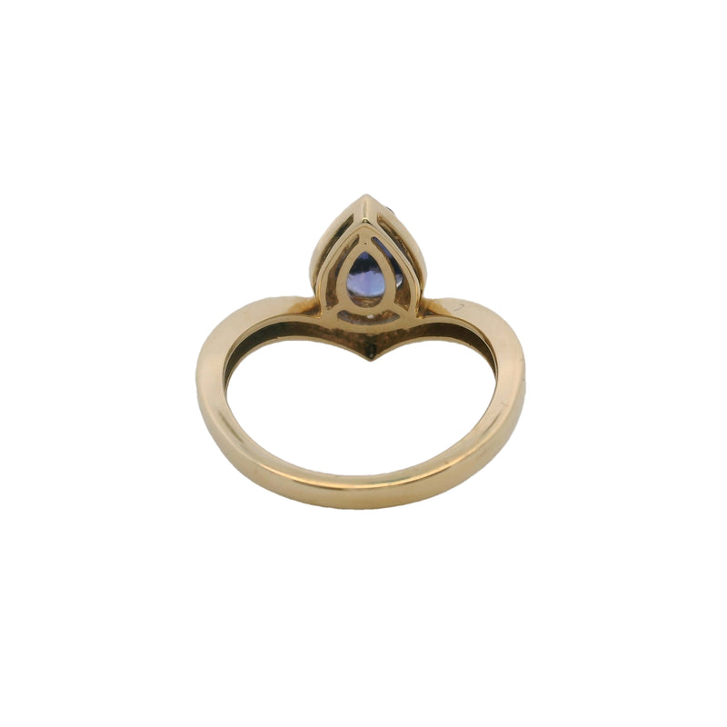 Solid 14kt Yellow Gold and Pear-Cut Tanzanite Chevron Solitaire Ring with Diamond Halo Size 8