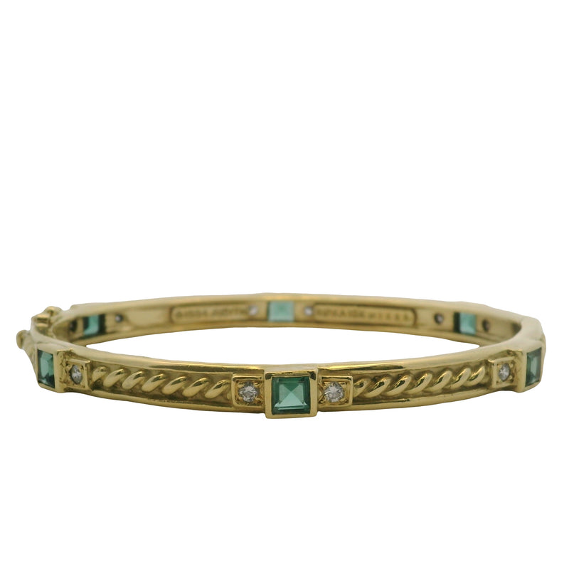 Vintage 1994 Judith Ripka 18kt Yellow Gold Green Tourmaline and Diamond Hinged Bangle 7"