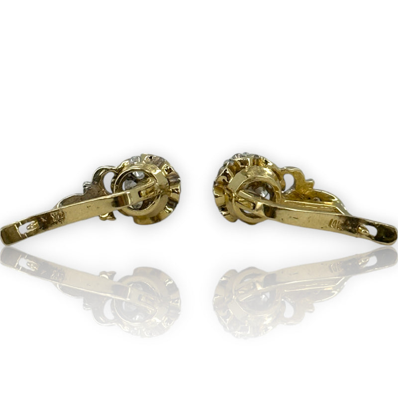 1970s Victorian Revival Solid 14kt White and Yellow Gold Sleeper-Style Cubic Zirconia (CZ) Snap Closure Huggie Earrings