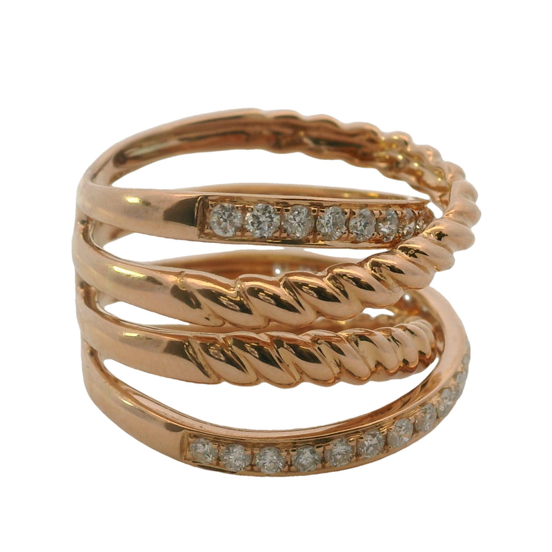 Solid 18kt Rose Gold Stacked Rope Crossover 16mm Ring with 0.84ctw of Diamonds Size 7