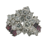 Vintage Mid Century Solid 950 Platinum Large 3.26ctw Natural Diamond and Ruby Cluster Cocktail Ring Size 8