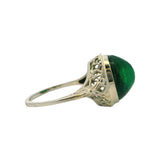 Antique 1920s Solid 14kt White Gold and Green Glass Cabochon Filigree Ring Size 5.5