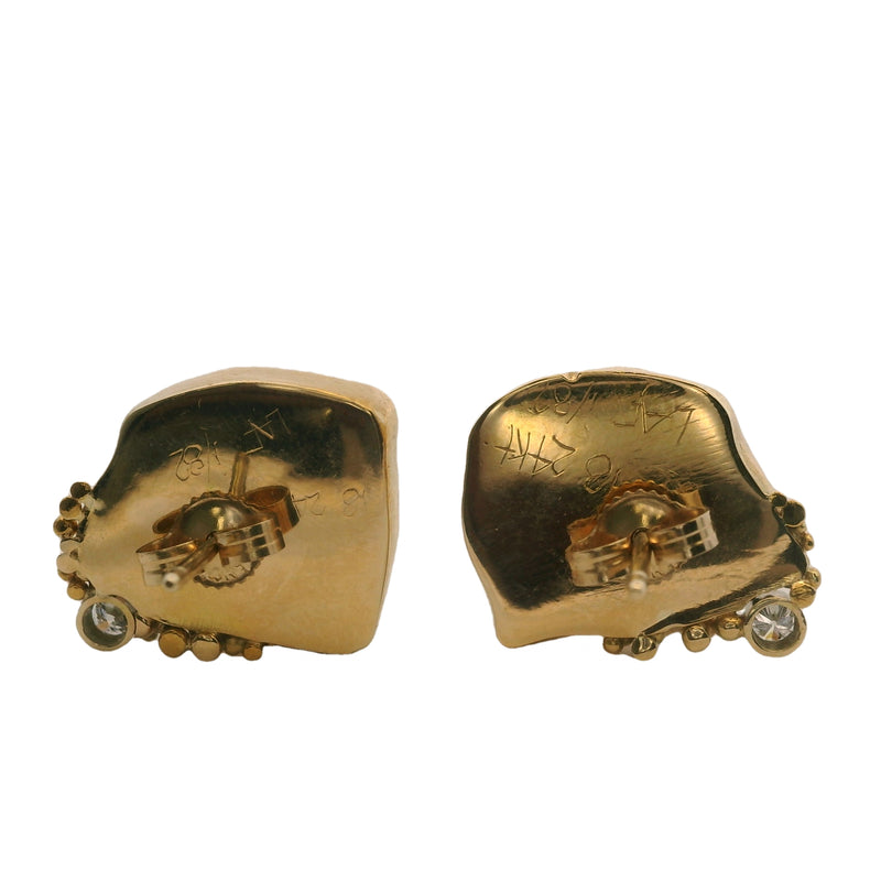 18kt Yellow Gold Handmade Bezel Set Watermelon Tourmaline Slice and Diamond Brutalist Stud Earrings