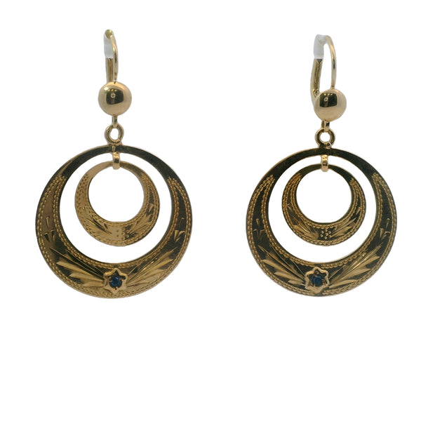 Corletto Italian 18kt Yellow Etched Gold and Sapphire Dangle Floral Double Circle Earrings