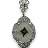 Antique 1920s Art Deco 14kt White Gold Rhodium Plated Filigree Carved Rock Crystal Dangle Pendant Charm with Small Diamond Center