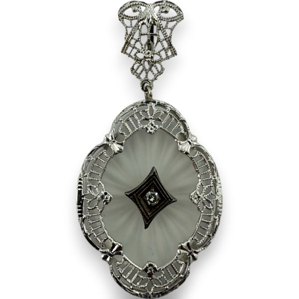 Antique 1920s Art Deco 14kt White Gold Rhodium Plated Filigree Carved Rock Crystal Dangle Pendant Charm with Small Diamond Center