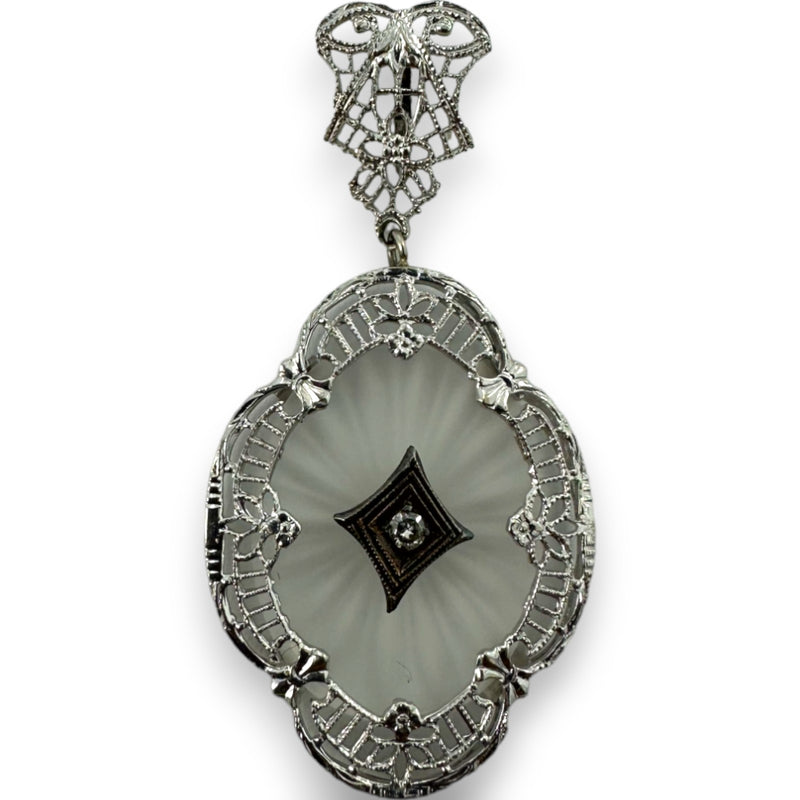 Antique 1920s Art Deco 14kt White Gold Rhodium Plated Filigree Carved Rock Crystal Dangle Pendant Charm with Small Diamond Center