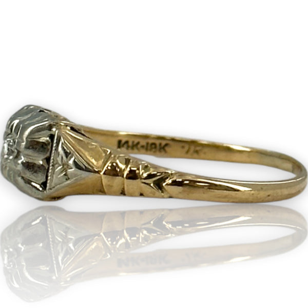 Antique 1930s Art Deco 14kt Yellow and 18kt White Gold Diamond Solitaire Ring with Shoulder Details Size 6.5
