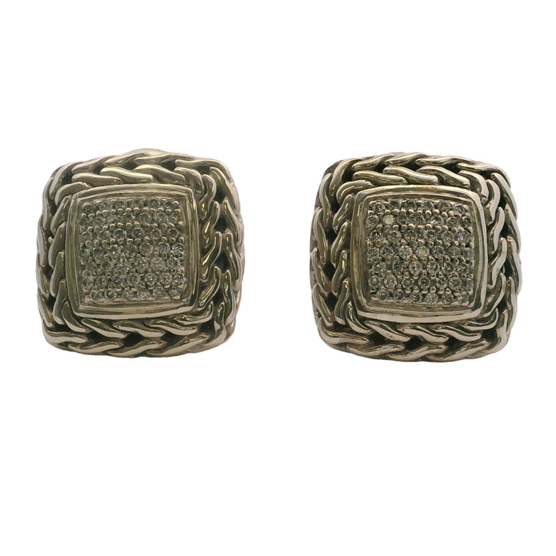 John Hardy 925 Sterling Silver/18kt Gold and Diamond Cluster Classic Square Chain Earrings