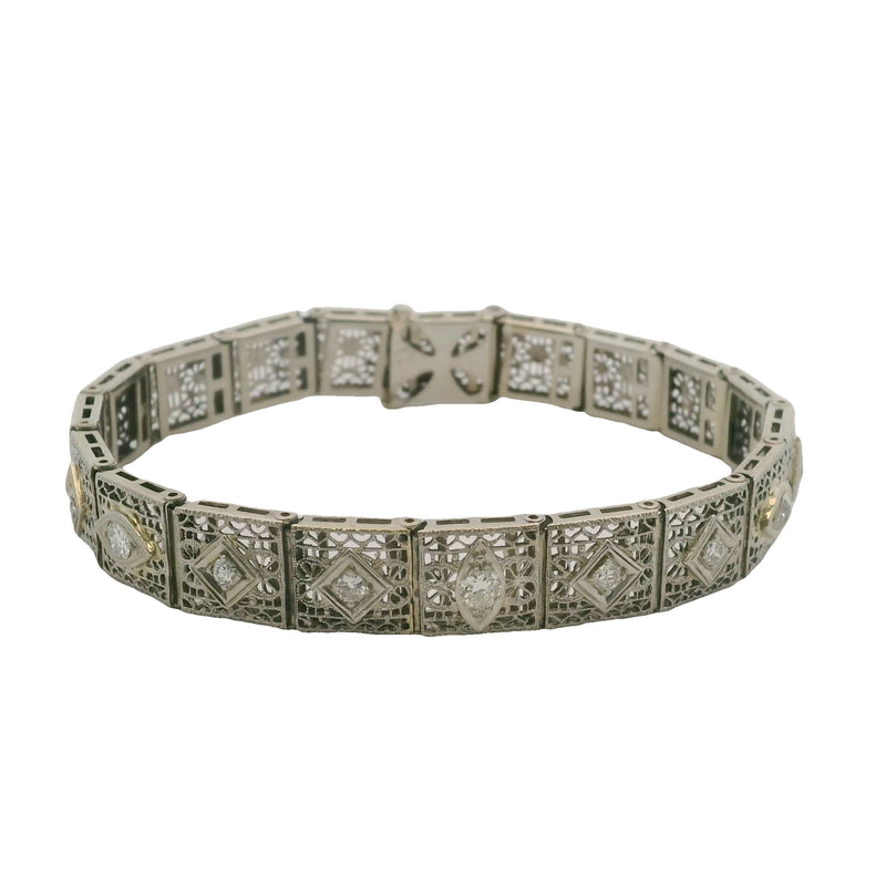 Estate Diamond Filigree Accent 14K 585 White Gold Pierced Bracelet