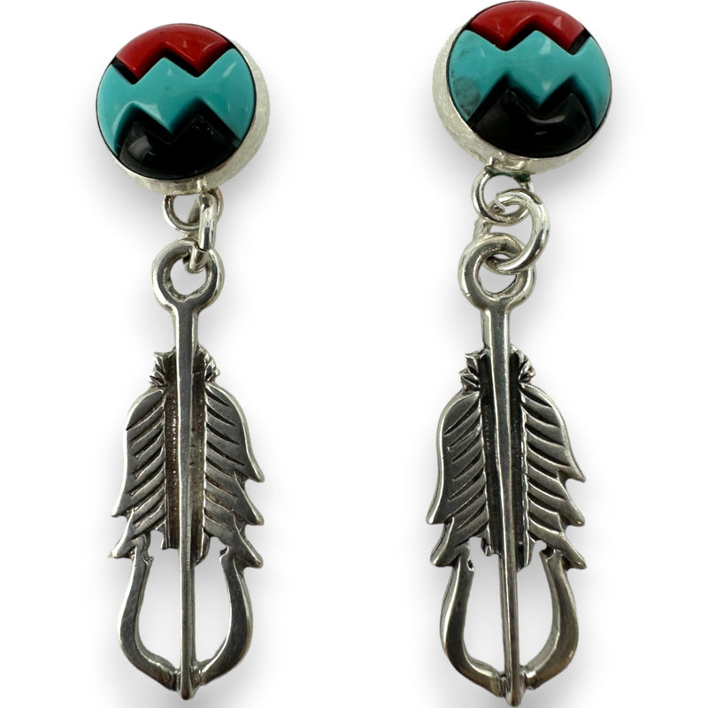 925 Sterling Silver Sunwest Brand Stamped Native American Charm Drop Dangle Earrings With Plastic Stone Accents