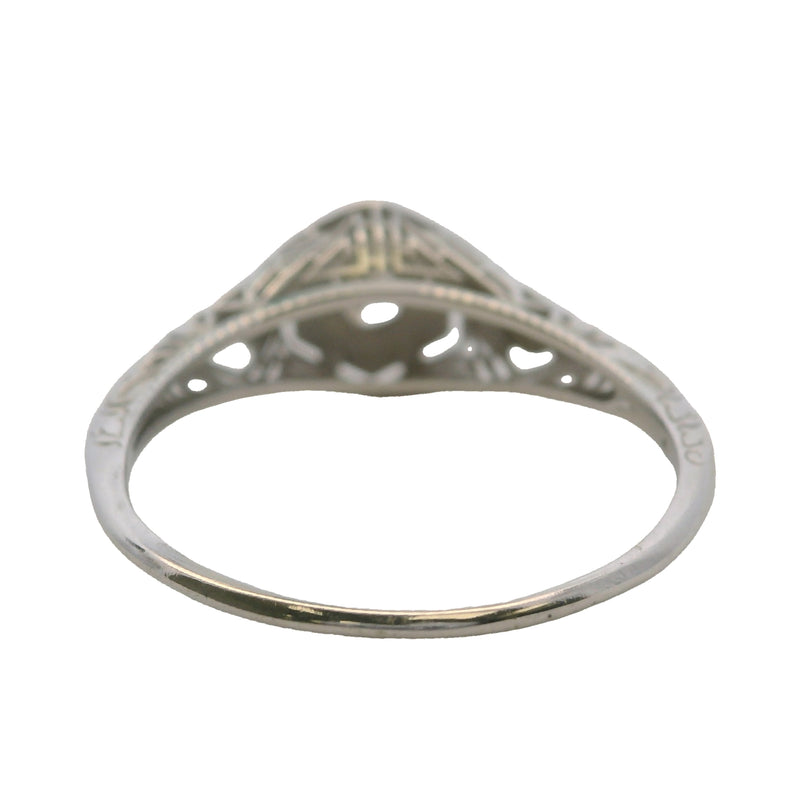 Antique 1920s Art Deco Solid 18kt White Gold Filigree Hexagon Ring with Transitional Cut Diamond Size 9