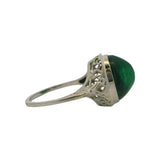Antique 1920s Solid 14kt White Gold and Green Glass Cabochon Filigree Ring Size 5.5