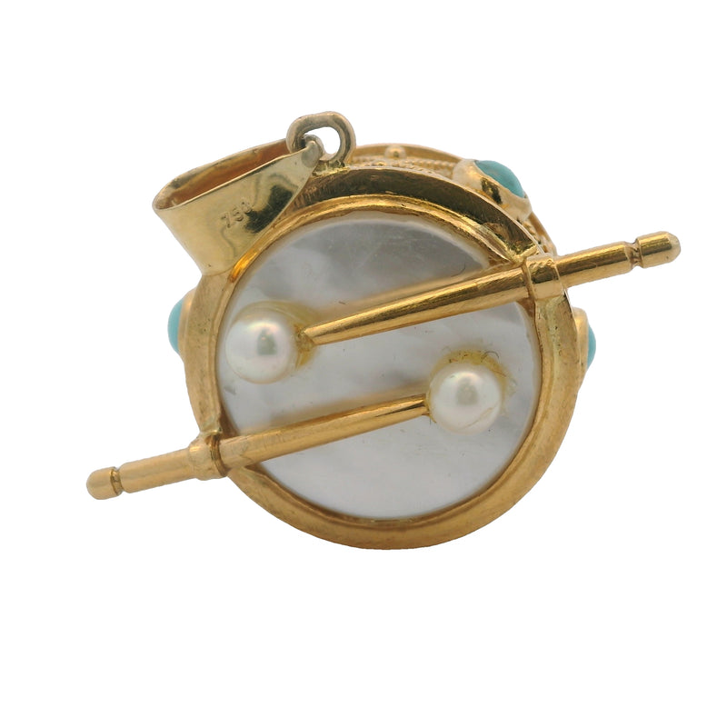 Sidra Jewels 18kt Yellow Gold Drum Pendant with Mother of Pearl, Turquoise, and Freshwater Pearls