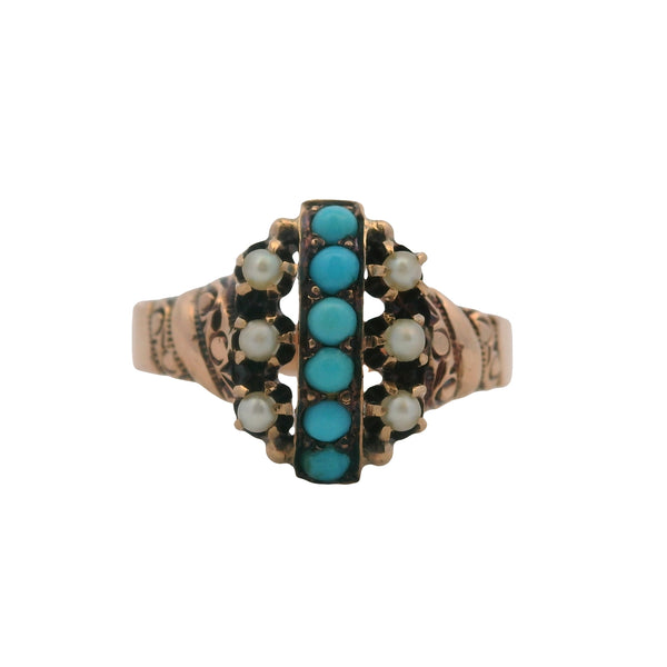 Antique 1880s Victorian 10kt Rose Gold Turquoise and Seed Pearl Accent Ring Size 6