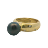 Solid 18kt Yellow Gold 8.5mm Tahitian Pearl Solitaire Ring with 6 Diamond Accents Size 5
