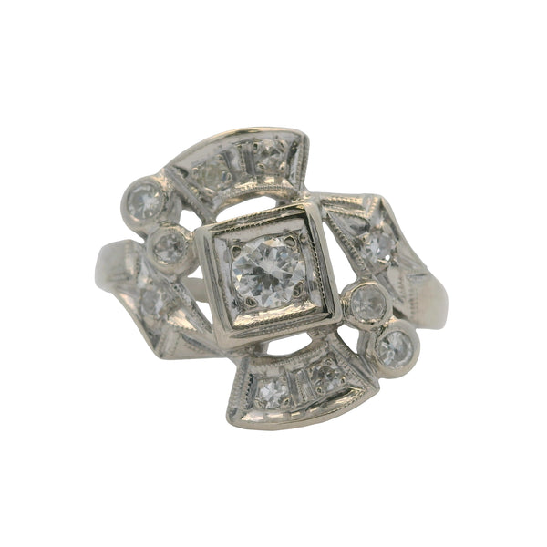 Vintage 1950s Retro 14kt White Gold and Diamond Cluster Cocktail Ring Size 6