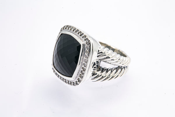 David Yurman 14mm Albion Onyx & Diamond Halo Band 925 Sterling Silver Ring Sz 7
