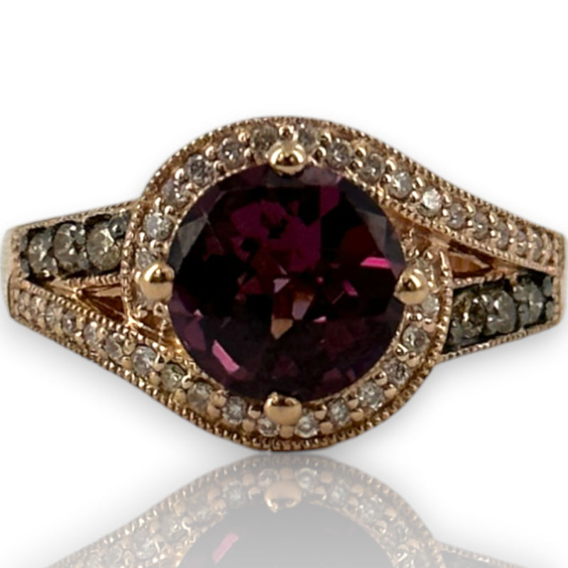 LeVian Solid 14kt Solid Rose Gold and Purple Garnet (Umbalite) Ring with Champagne and White Vanilla Diamond Accents Size 7
