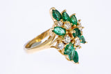 Vintage 1950-70s Diamond & Marquise Emerald Cocktail Cluster 14K 585 Yellow Gold Ring Size 7