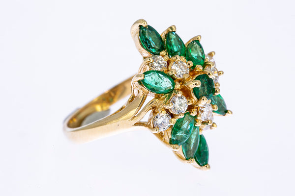 Vintage 1950-70s Diamond & Marquise Emerald Cocktail Cluster 14K 585 Yellow Gold Ring Size 7