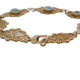 Late Art Deco 1930s 14kt Yellow Gold Filigree Openwork Geometric Link 7.4" Bracelet with 3 Natural Blue Zircons