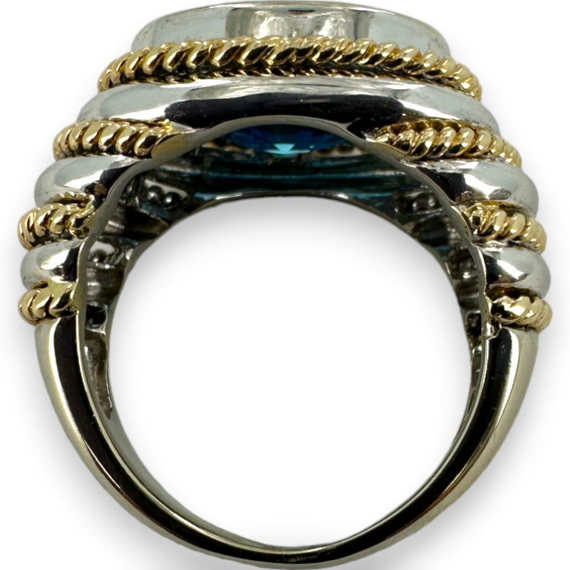 Anillo llamativo firmado por EFFY, oro blanco sólido de 14 kt en dos tonos, oro amarillo y topacio azul intenso con corte de tablero de ajedrez, talla 7,75