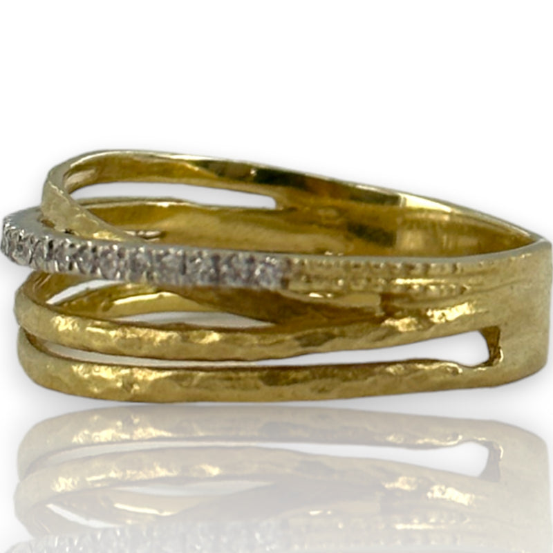 Multi-Band Crossover Ring with Natural Diamonds Stackable Accent Band Size 7 14kt Solid Yellow Gold